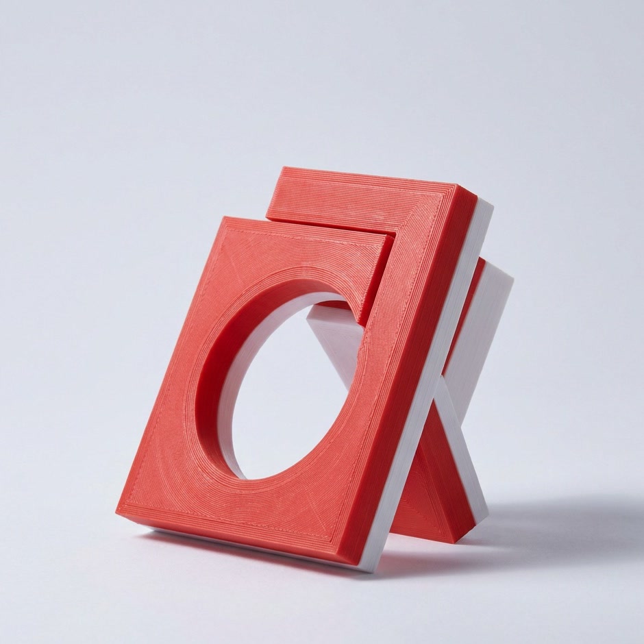 红白配色的 3D 打印文创桌面雕塑摆件，带圆形镂空，浅灰影棚背景
